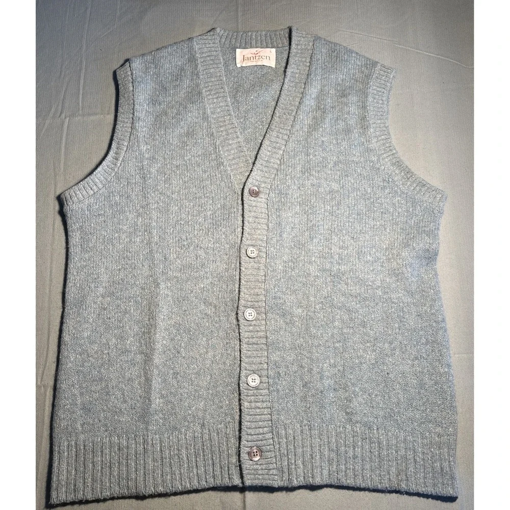 Vintage Jantzen Mens Blue Wool Blend Button Front Cardigan Sweater Vest L USA